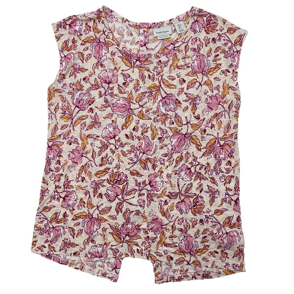 Haute Hippie Women’s Linen Round Neck Button Back Cap Sleeve Top Floral Small
